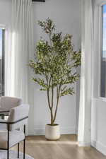 Detailed view of wood finished floors and baseboards