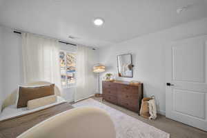 Sitting room featuring light carpet and baseboards