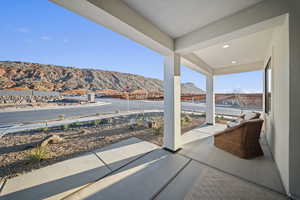 View of patio featuring a mountain view