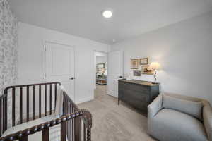 Bedroom featuring light carpet and a crib