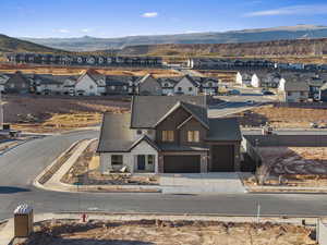 Aerial view of residential area with mountains