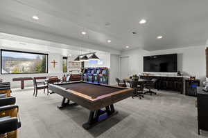 Playroom with light carpet, billiards table, and recessed lighting