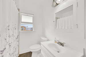 Bathroom with vanity, a shower with curtain, and dark wood-type flooring
