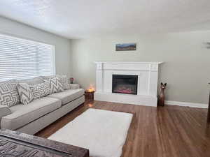 Living area featuring dark wood-style floors, a textured ceiling, and a glass covered fireplace