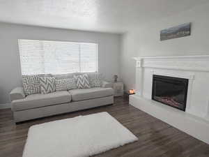 Living area featuring dark wood-style flooring, a textured ceiling, and a glass covered fireplace