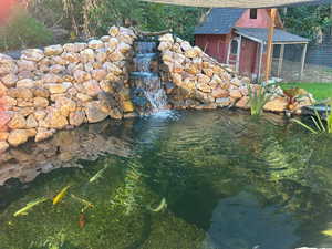 Exterior view of a garden pond and exterior structure
