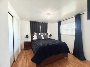 Bedroom featuring light wood-style floors and a closet