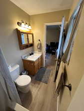 Bathroom with vanity, a textured ceiling, and light wood-style flooring