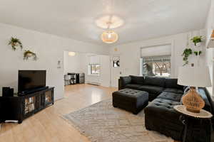 Living area with light wood finished floors and a baseboard radiator
