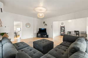 Living area featuring light wood-style floors and a wall mounted mini split