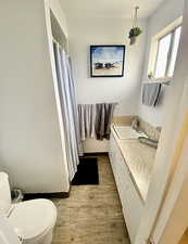 Full bathroom with vanity, a shower with shower curtain, and light wood-style flooring