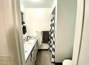 Bathroom with vanity and curtained shower