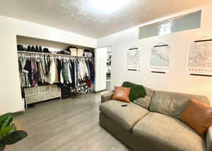 Living room featuring wood finished floors and a textured ceiling