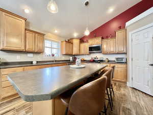 Kitchen with dark countertops, lofted ceiling, a center island, a kitchen bar, and stainless steel appliances