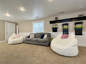 Living room with carpet and a textured ceiling