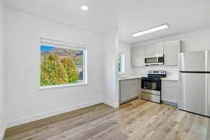 Kitchen featuring light countertops, stainless steel appliances, light wood finished floors, and recessed lighting