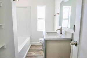 Bathroom with vanity, light wood finished floors, and washtub / shower combination