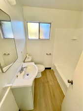 Bathroom with vanity, light wood finished floors, and a shower