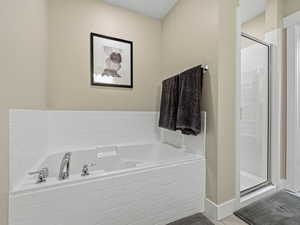 Ensuite bathroom featuring a walk in closet, double vanity, a shower stall, garden tub, granite countertop and light tile floors