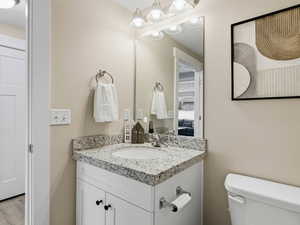 Half bathroom with granite vanity countertop