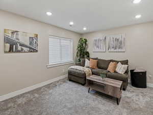 Family room featuring carpet flooring,  recessed lighting and blinds