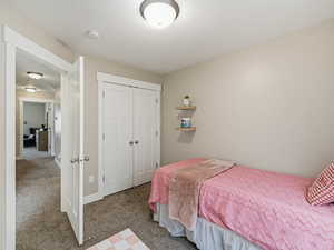 Bedroom with blinds, carpet and french door wide closet