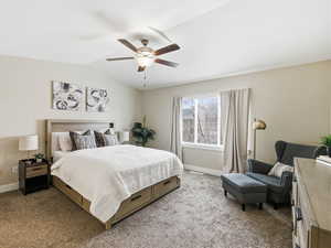 Bedroom featuring natural light, carpet floors, lofted ceiling, and a ceiling fan