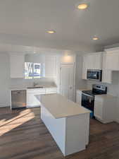 Kitchen featuring stainless steel appliances, white cabinetry, a center island, dark wood finished floors, and recessed lighting