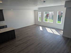 Unfurnished living room featuring dark wood-style flooring and a textured ceiling