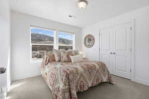 Carpeted bedroom with baseboards and a closet