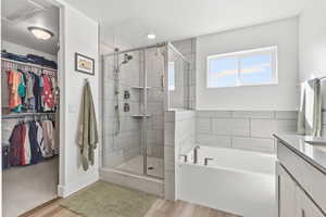 Full bath featuring a walk in closet, a shower stall, vanity, and a bath