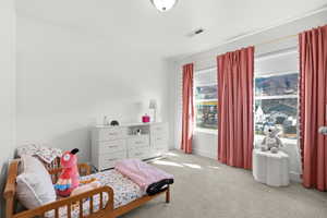 Bedroom with light colored carpet and baseboards