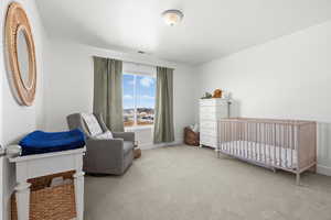 Bedroom with a nursery area and carpet flooring