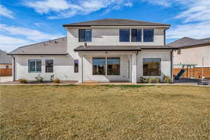 Rear view of house with stucco siding, a patio, and a playground