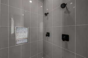 Bathroom view of a tile shower