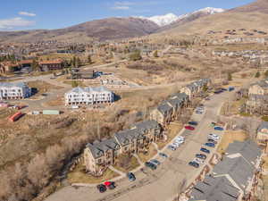 Aerial view of community with mountains