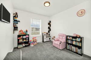 Playroom with carpet floors and baseboards