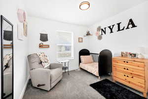 Carpeted bedroom with baseboards