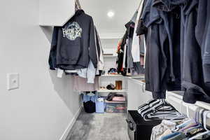 Walk in closet featuring light carpet