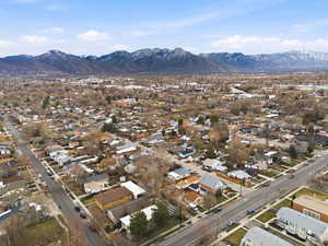 Aerial view of residential area with mountains