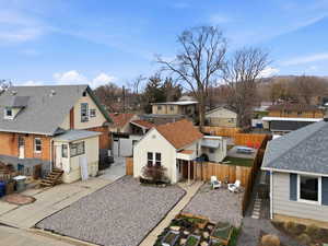 Fenced backyard featuring a residential view
