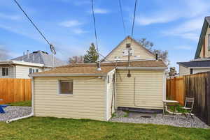 Rear view of house with a fenced backyard and roof with shingles