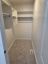 Walk in closet featuring light colored carpet