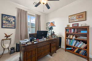 Office featuring ceiling fan and light carpet