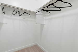 Walk in closet featuring light colored carpet