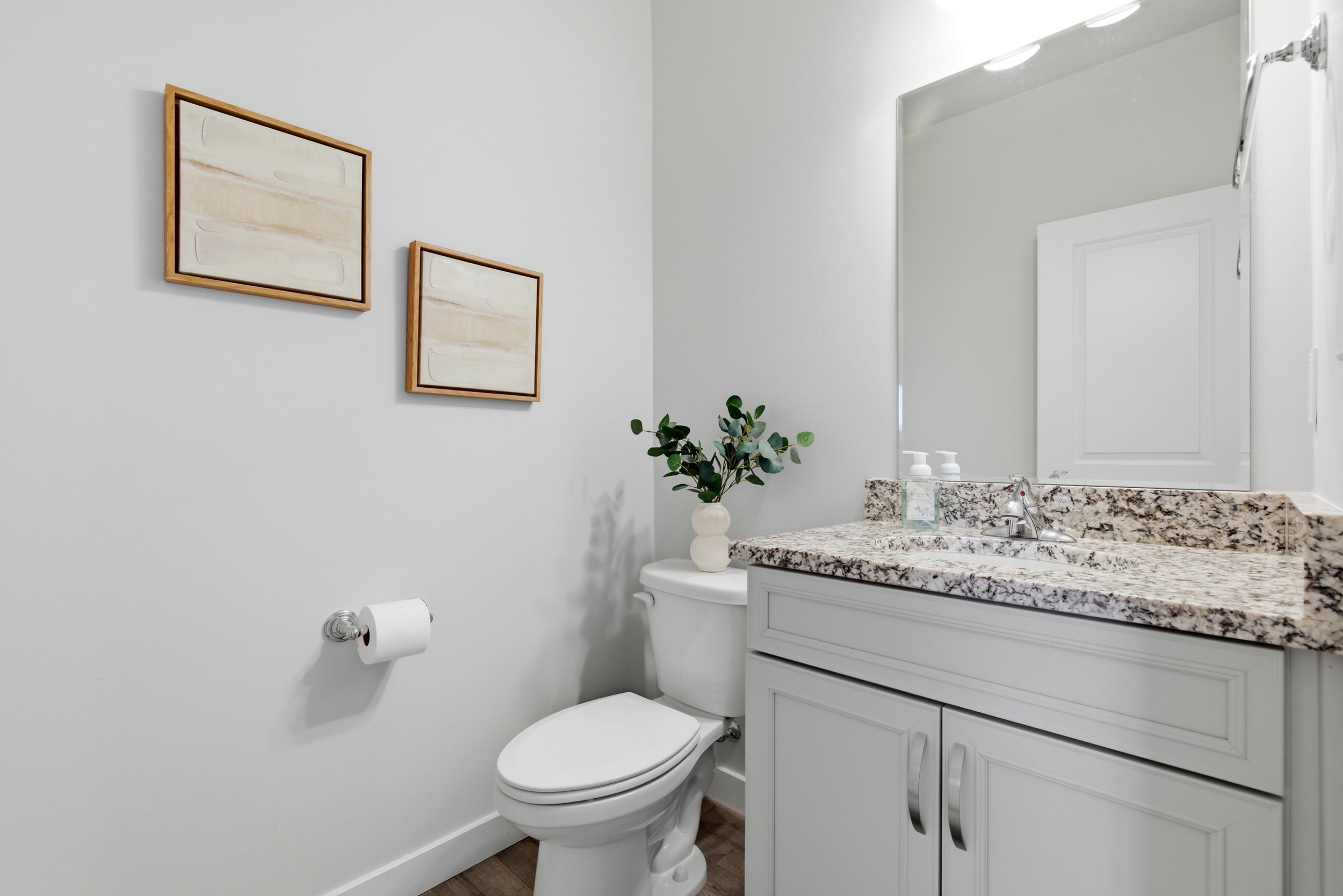 Half bath featuring vanity and dark wood-style floors