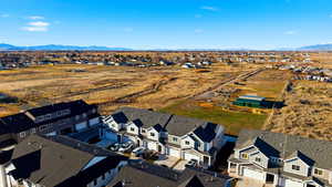 Aerial perspective of suburban area with mountains
