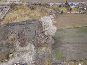 Aerial view of sparsely populated area with rows of crops