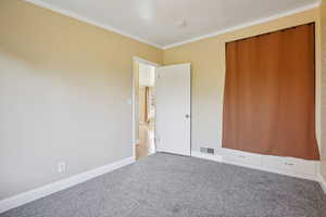Unfurnished bedroom with carpet floors, ornamental molding, and a closet