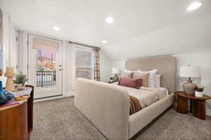 Bedroom with access to outside, recessed lighting, and light colored carpet